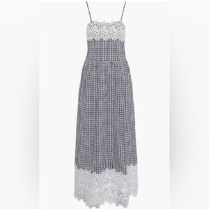 Barbour Navy and White Plaid Maxi Dress with Lace Insets